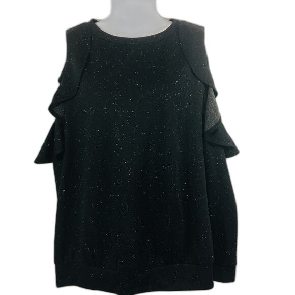 Isabel Maternity Cold Shoulder Ruffle Sweatshirt Black and White Size Large - Picture 2 of 7